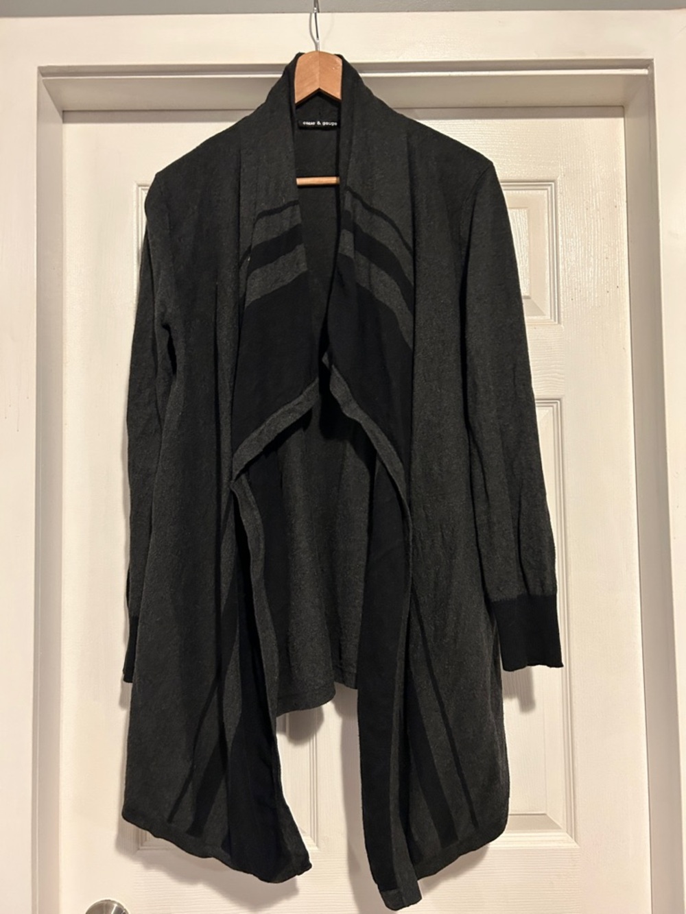 Cable & Gauge Two-Tone Black and Charcoal Draped Open-Front Cardigan